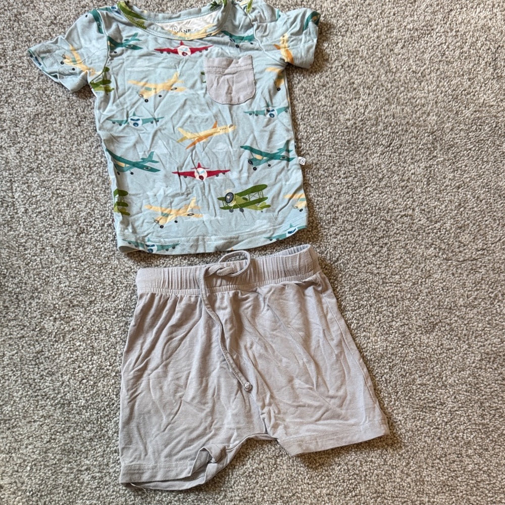 Caden Lane Airplane Print Light Blue Top with Grey Shorts Pajama Set